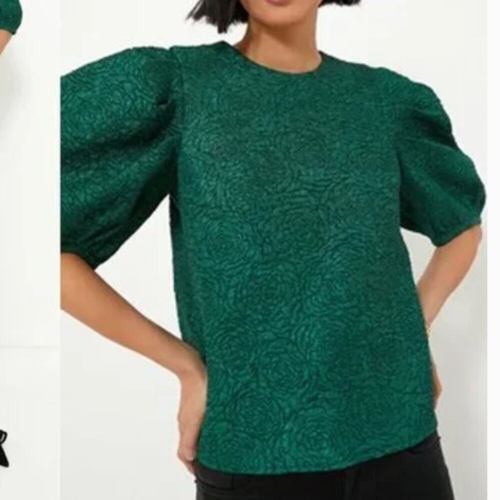 Hyacinth House NEW Green Jacquard Floral Puff Sleeve Noelle Blouse Size S